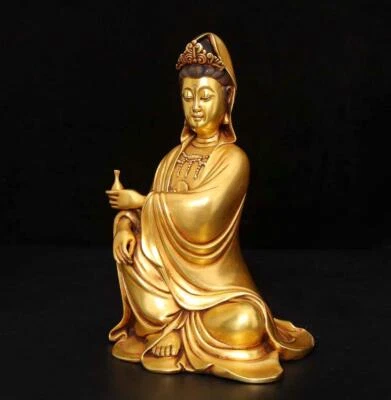 29CM Yongle Signed Old Chinese Red Copper Gilding Statue Guanyin Buddha N960