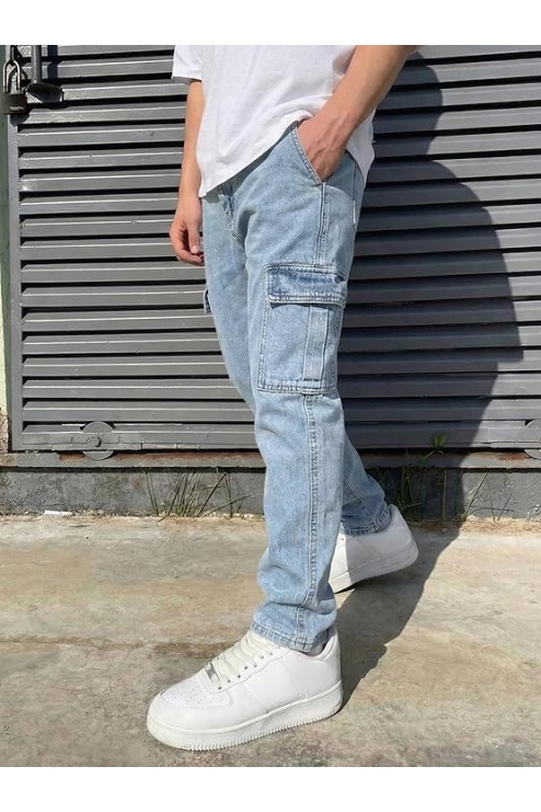 Men's Elastic Waist Cargo Jeans Stretch Denim Pants