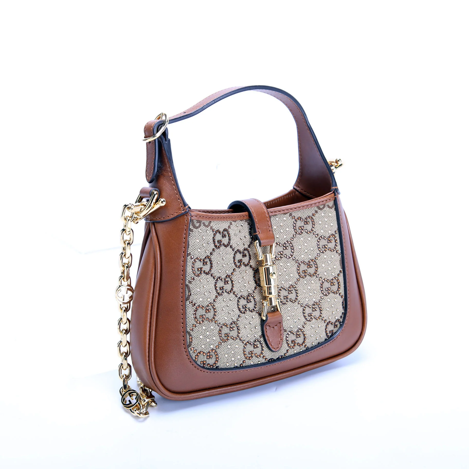 GUCCI 675799 Jackie 1961 Crystal GG Canvas Mini Shoulder Bag Brown/Beige