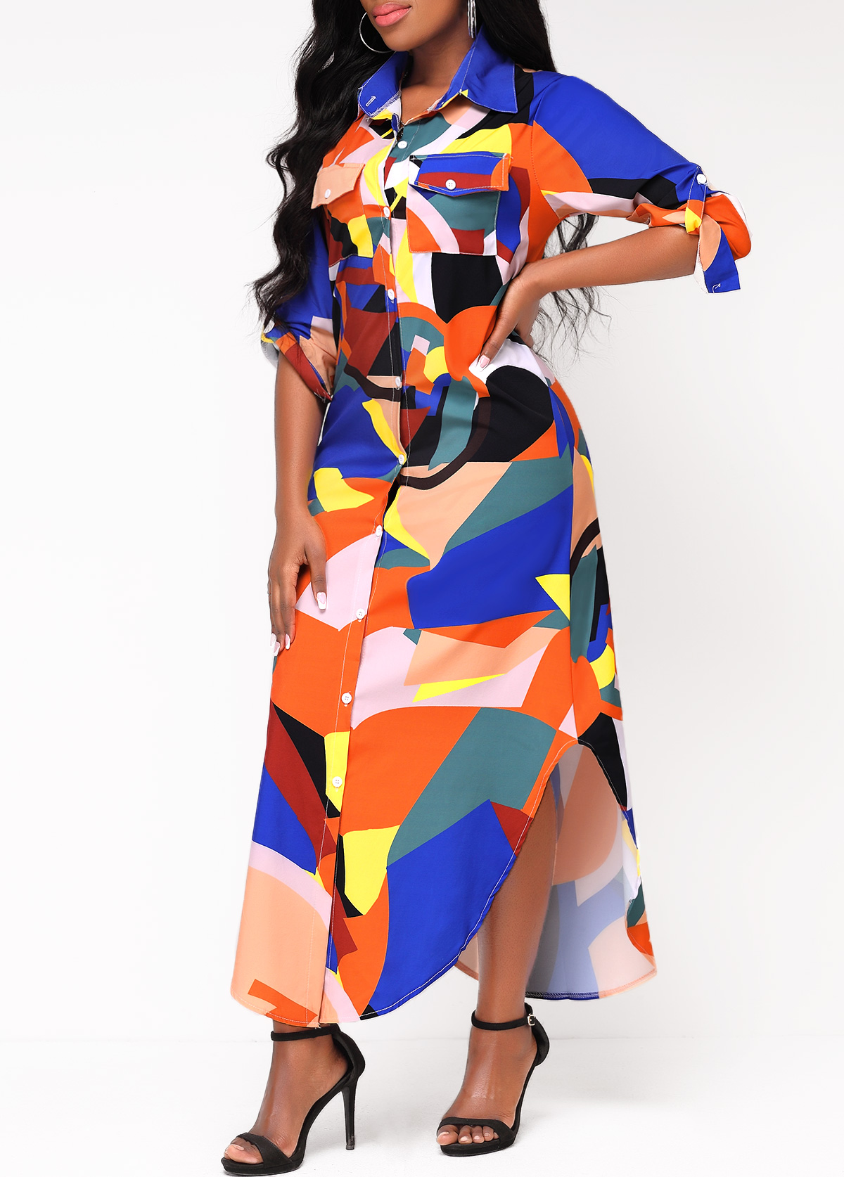 Geometric Print Button Up Long Sleeve Maxi Dress