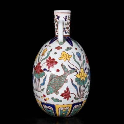31CM Xuande Signed Old Chinese Wucai Vase W/fish N3758