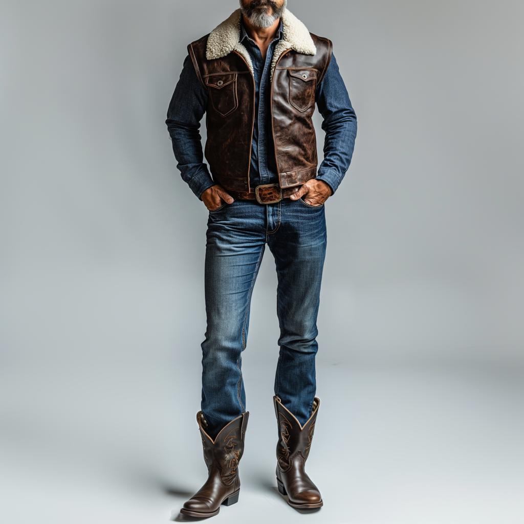 Men's Retro PU Leather Plush Lapel Collar Chest Pocket Vest