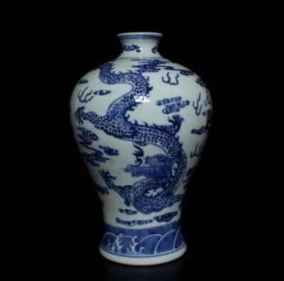 27CM Kangxi Singed Old Chinese Blue and White Vase W/dragon