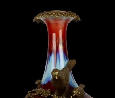 43CM Yongzheng Signed Old Chinese Jun Kiln Yaobian Glaze Vase w/bird N4041