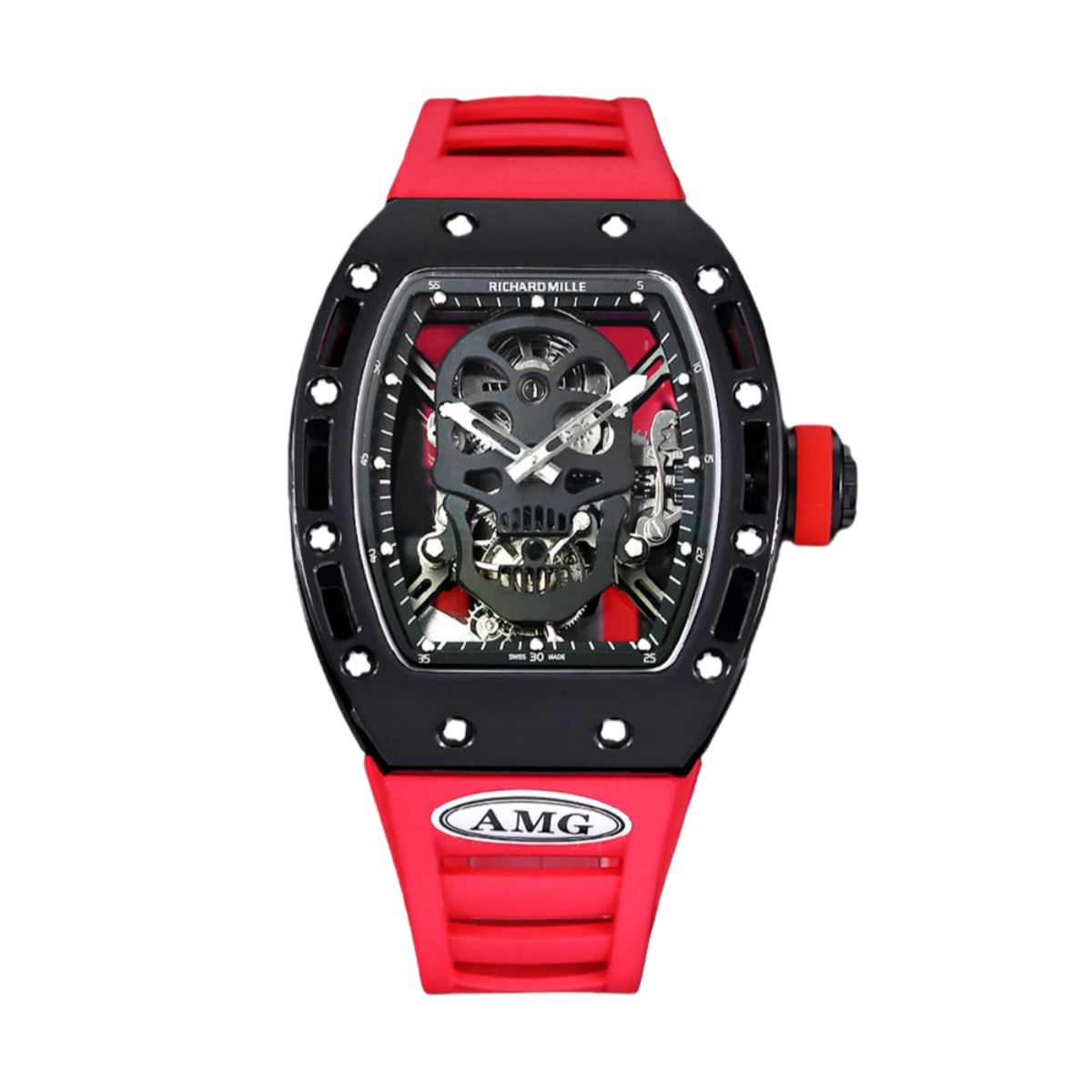 【7A Quality】Replica Richard Mille RM052 Titanium Skeleton Tourbillon Watch with Red Rubber Strap