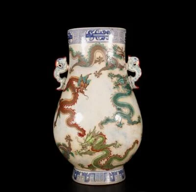 34CM Qianlong Signed Old Chinese Doucai Vase W/dragon N1522