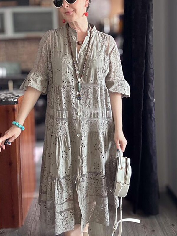 🌲🔥 Lace Ruffle Sleeve Shirt Dress