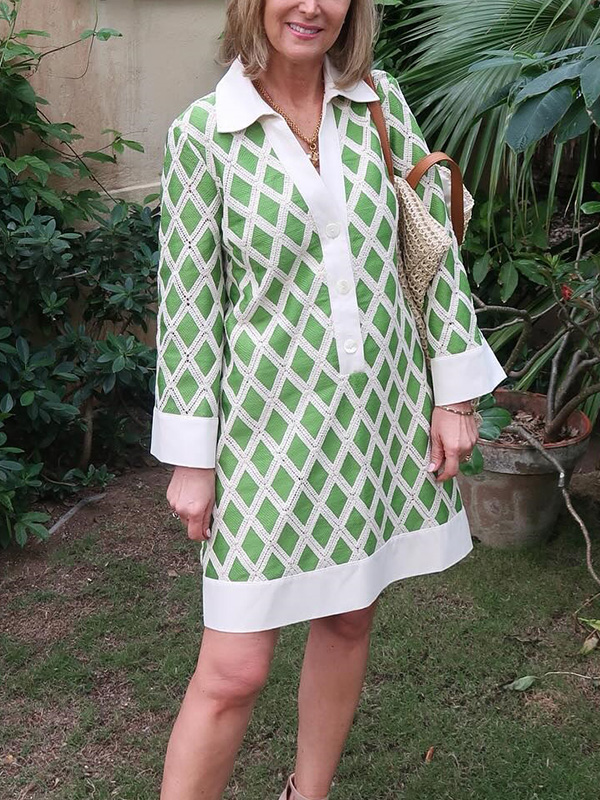 NEW🔥 Diamond Plaid Lace Cutout V Neck Shirt Dress