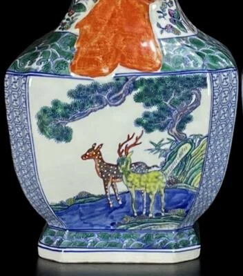 34CM Qianlong Signed Old Chinese Doucai Vase W/deer N633