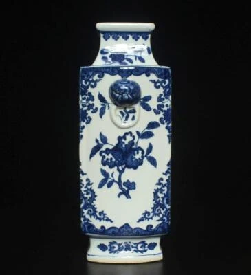 33.5CM Qianlong Singed Old Chinese Blue & White Porcelain Vase w/ peach