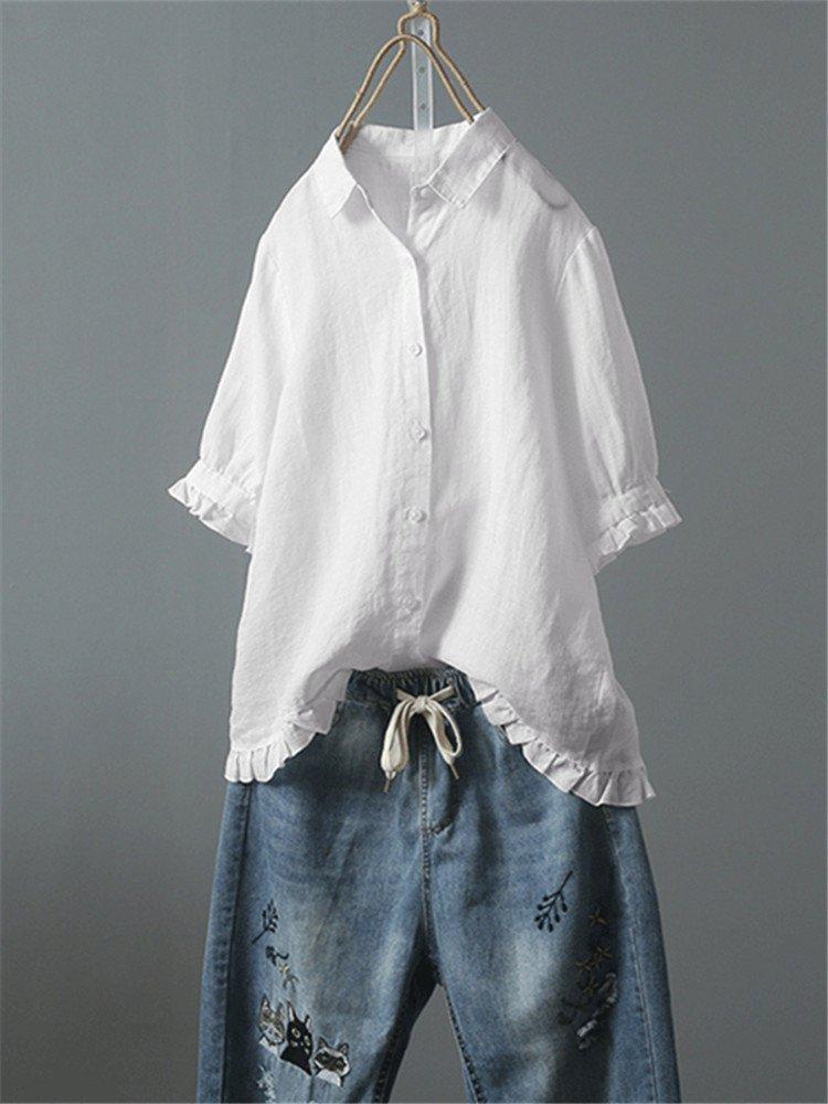 Solid Casual 3/4 Sleeve Turn-down Collar Casual Tops