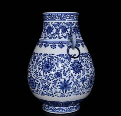 40CM Qianlong Signed Old Chinese Blue and White Vase W/ flower N339