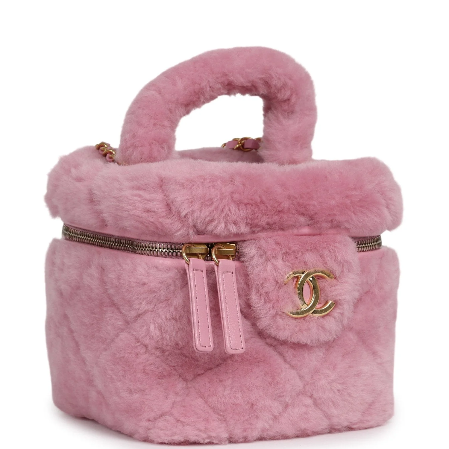 Chanel Small Top Handle Square Vanity Case With Chain Pink Shearling Lambskin Gold Hardware