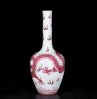 28CM Qianlong Signed Old Chinese Carmine Red Glaze Vase w/dragon N3719