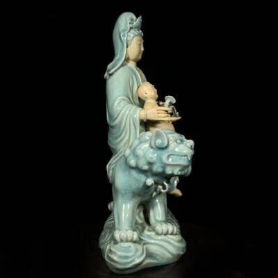 35.5CM Old Chinese Song Ru Yao Ru Kiln Statue w/Guanyin Buddha CK735
