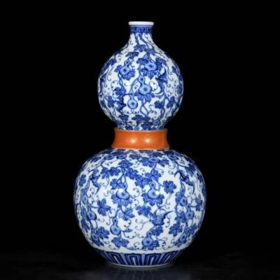33CM Yongzheng Signed Old Chinese Blue and White Gourd Vase W/gourd N3562