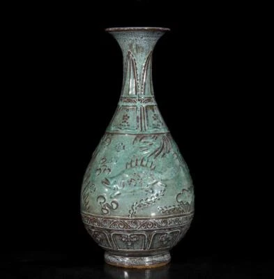 39CM Old Chinese Green Glaze Vase W/fish N3478