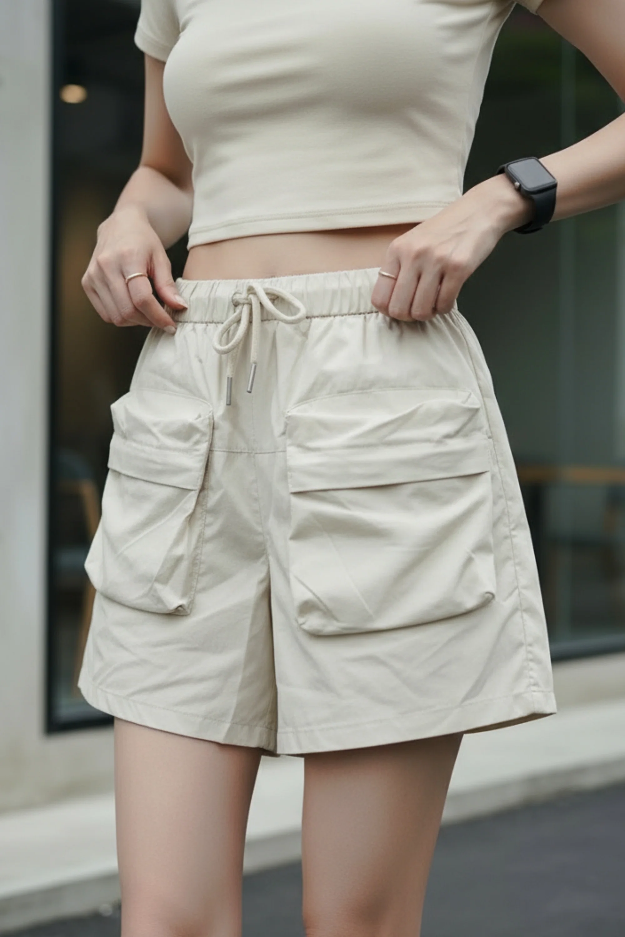 Cream Shorts With Patch Pockets