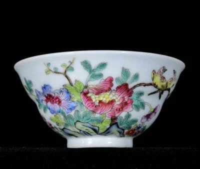 Pair Yongzheng Signed Old Chinese Colour Enamel Cup W/flowers N3313