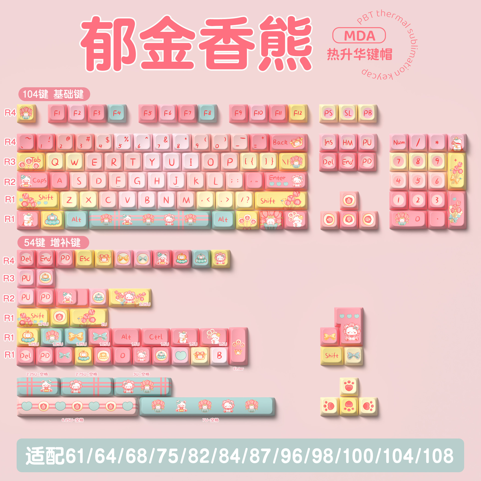 Tulip Bear Original PBT Keycap Set – MDA Profile Full 5-Side Dye-Sub – 138/158 Keys