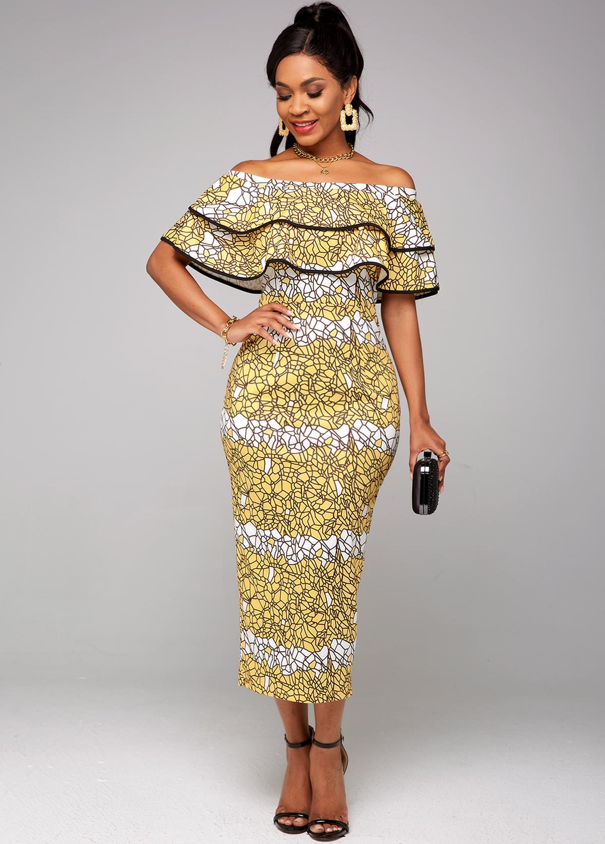 Ruffle Overlay Printed Off Shoulder Dress