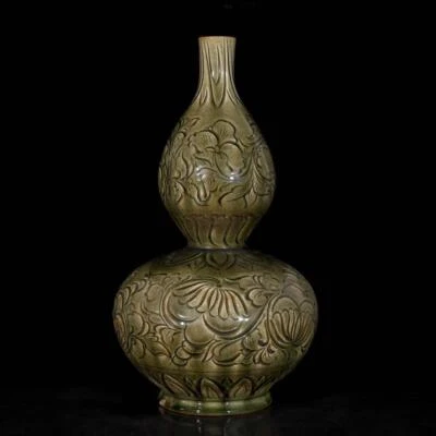 40CM Old Chinese Song Yaozhou Kiln Gourd Vase w/flower N3570
