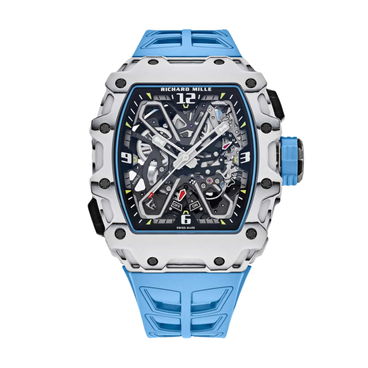 【7A Quality】Best Swiss Richard Mille RM 35-03 Replica Rafael Nadal Watch for Men | White Carbon Fiber Case | Blue Strap