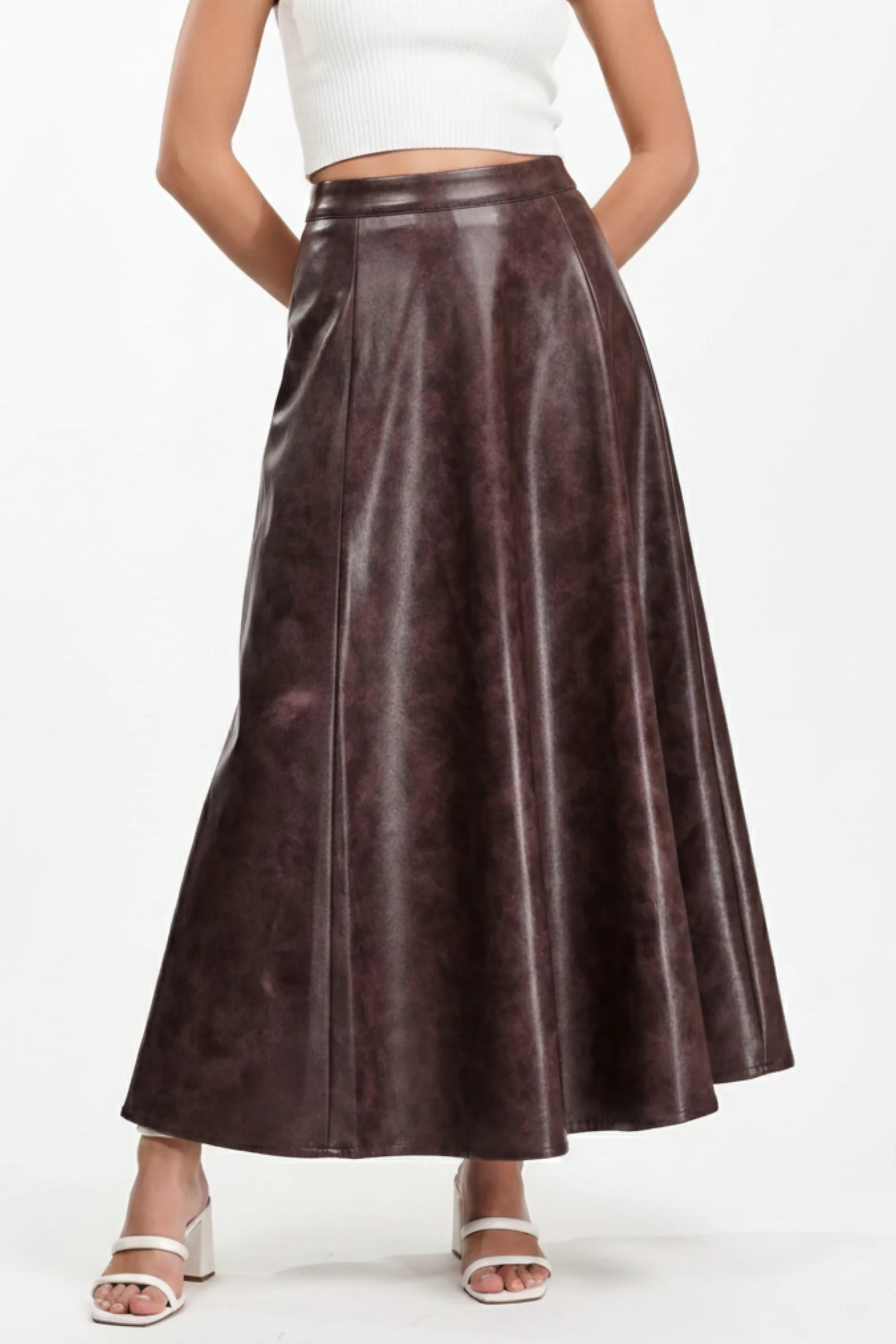 Burnt Umber Flared Leather Skirt