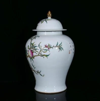 42CM Qianlong Signed Old Chinese Famille Rose Lid Pot W/peach N3210