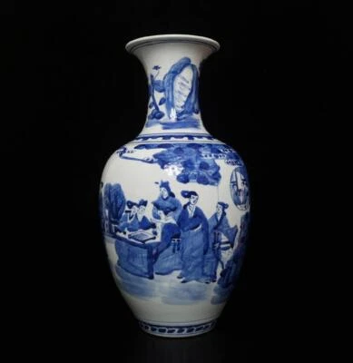 39CM Qianlong Signed Chinese Blue & White Porcelain Vase w/figure