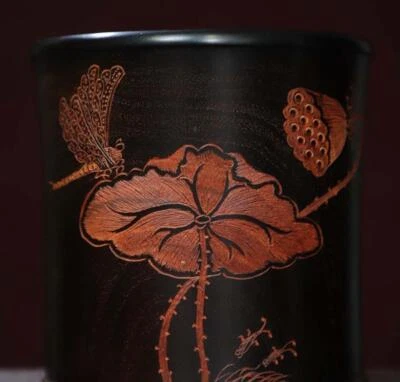 Old Chinese Wood Brush Pot With Louts Seedpod N2893