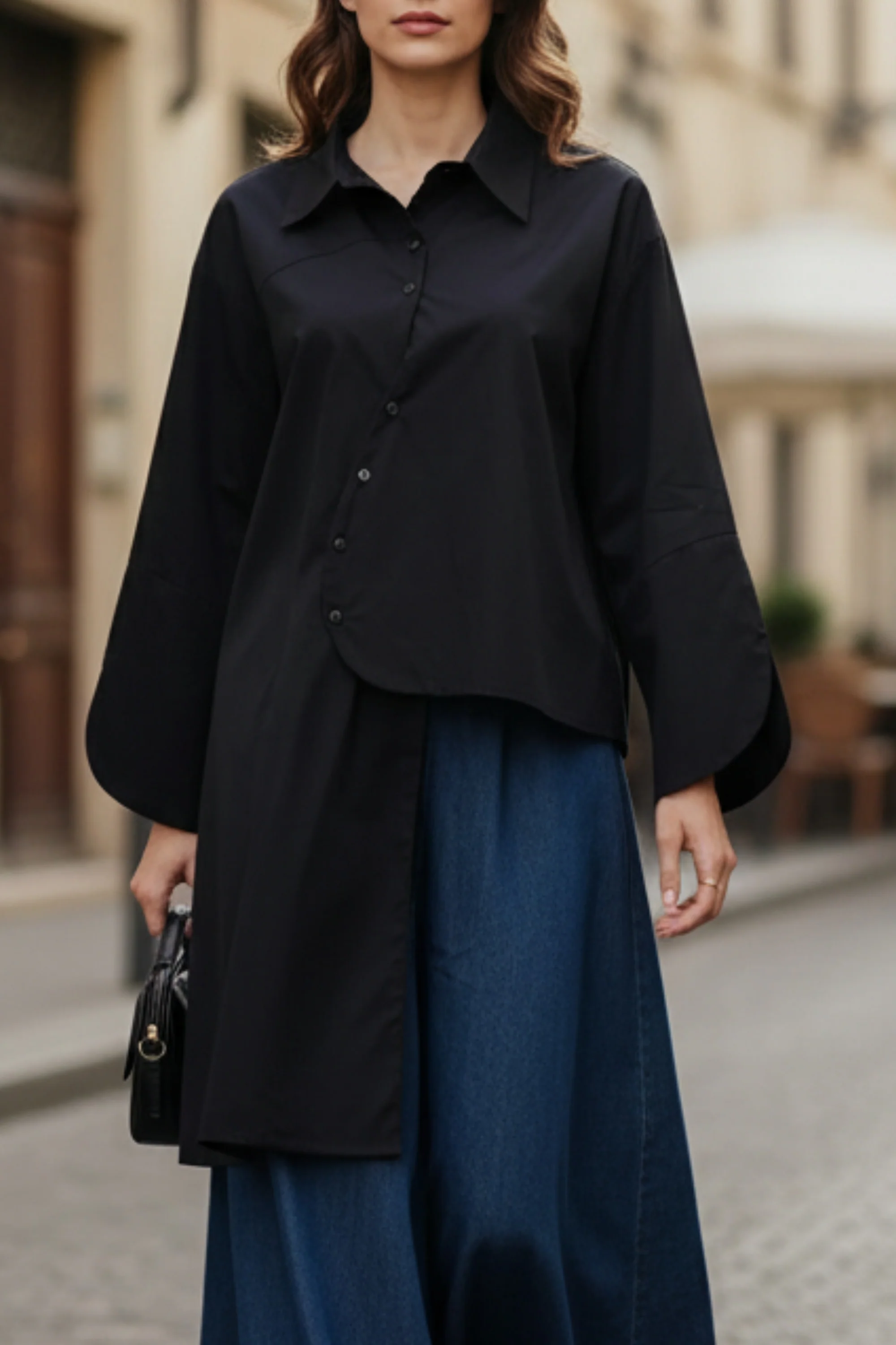 Black Asymmetrical Full-Sleeve Oversized Shirt