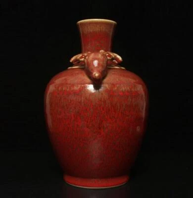 32.5CM Kangxi Signed Old Chinese Red Glaze Yaobian Glaze Vase w/deer
