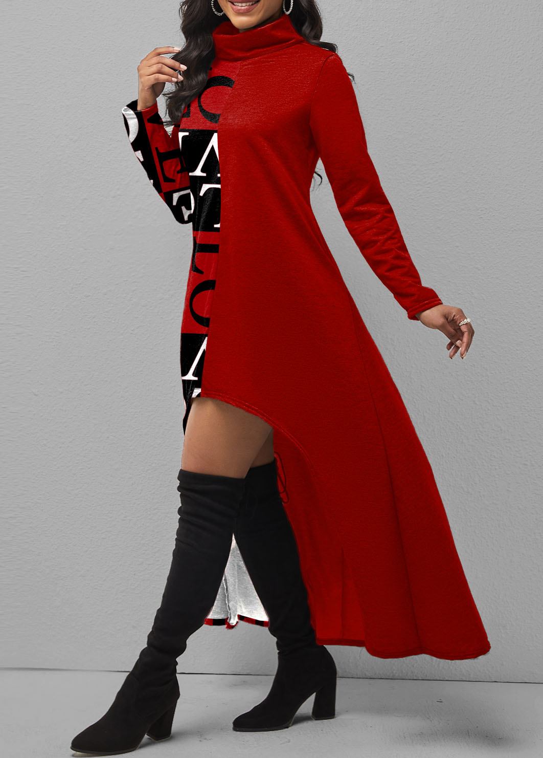 Letter Print Turtleneck Dip Hem Dress