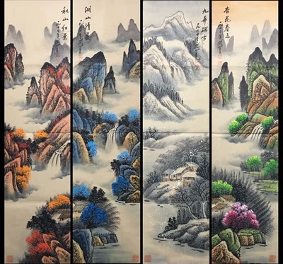 Four Guan Shanyue Chinese Hand Painted Calligraphy Scroll w/landscape N4056