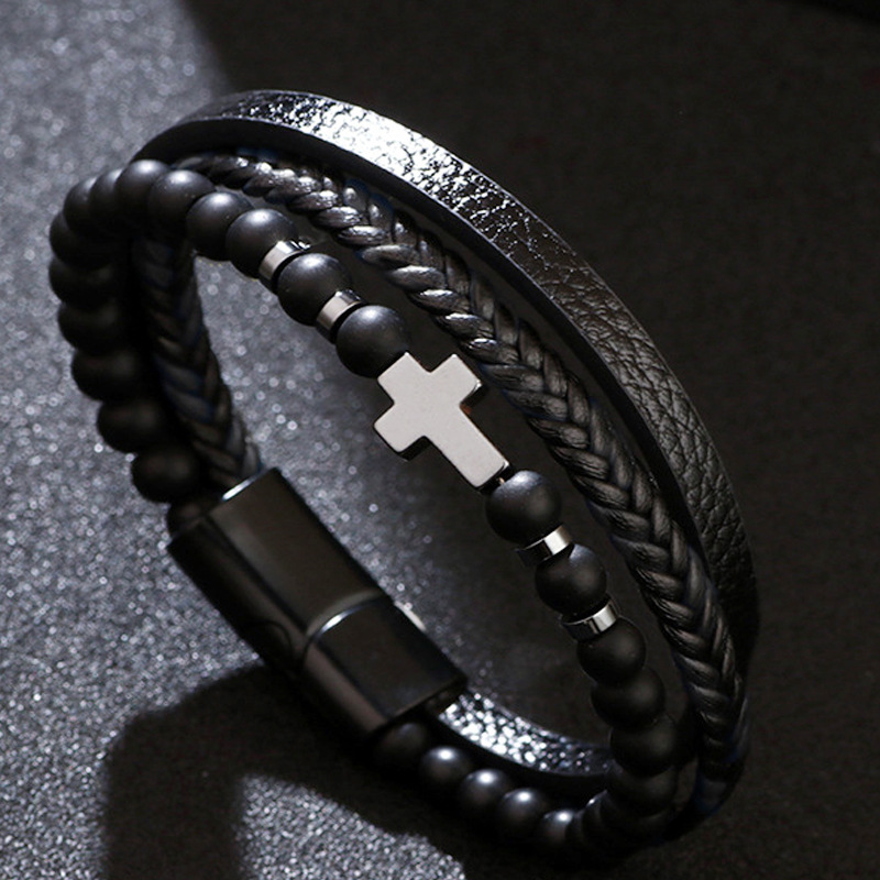 Men's Multi Layer Braided Cross PU Leather Bead Bracelet