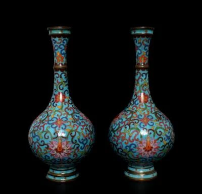 27CM Qianlong Signed Pair Old Chinese Cloisonne Enamel Bronze Vase w/flowers