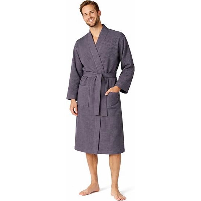 Turkish Linen Men's Waffle Bathrobe Lightweight Kimono Spa Robe