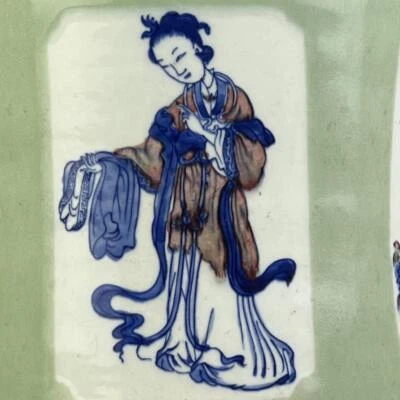 Kangxi Signed Chinese Blue and White Underglaze Red Brush Pot W/lady CK485