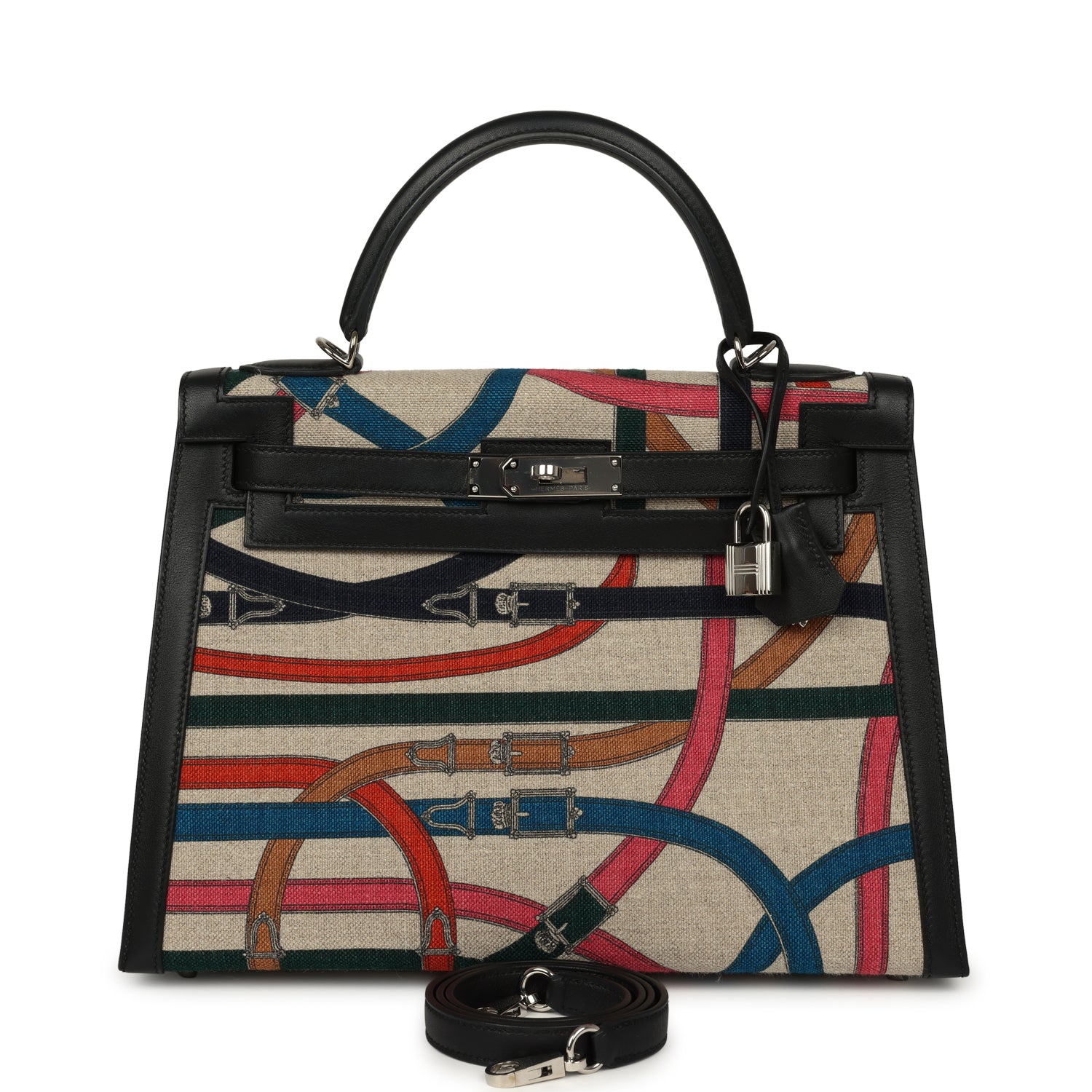 HERMÈS Kelly Sellier 32 Ficelle-Multicolor Toile De Camp Cavalcadour And Black Swift Palladium Hardware