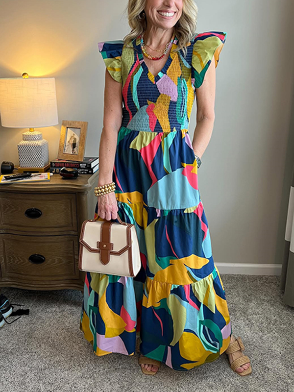 NEW🔥 Ruffle Sleeve Stretch Colorful Printed Dress