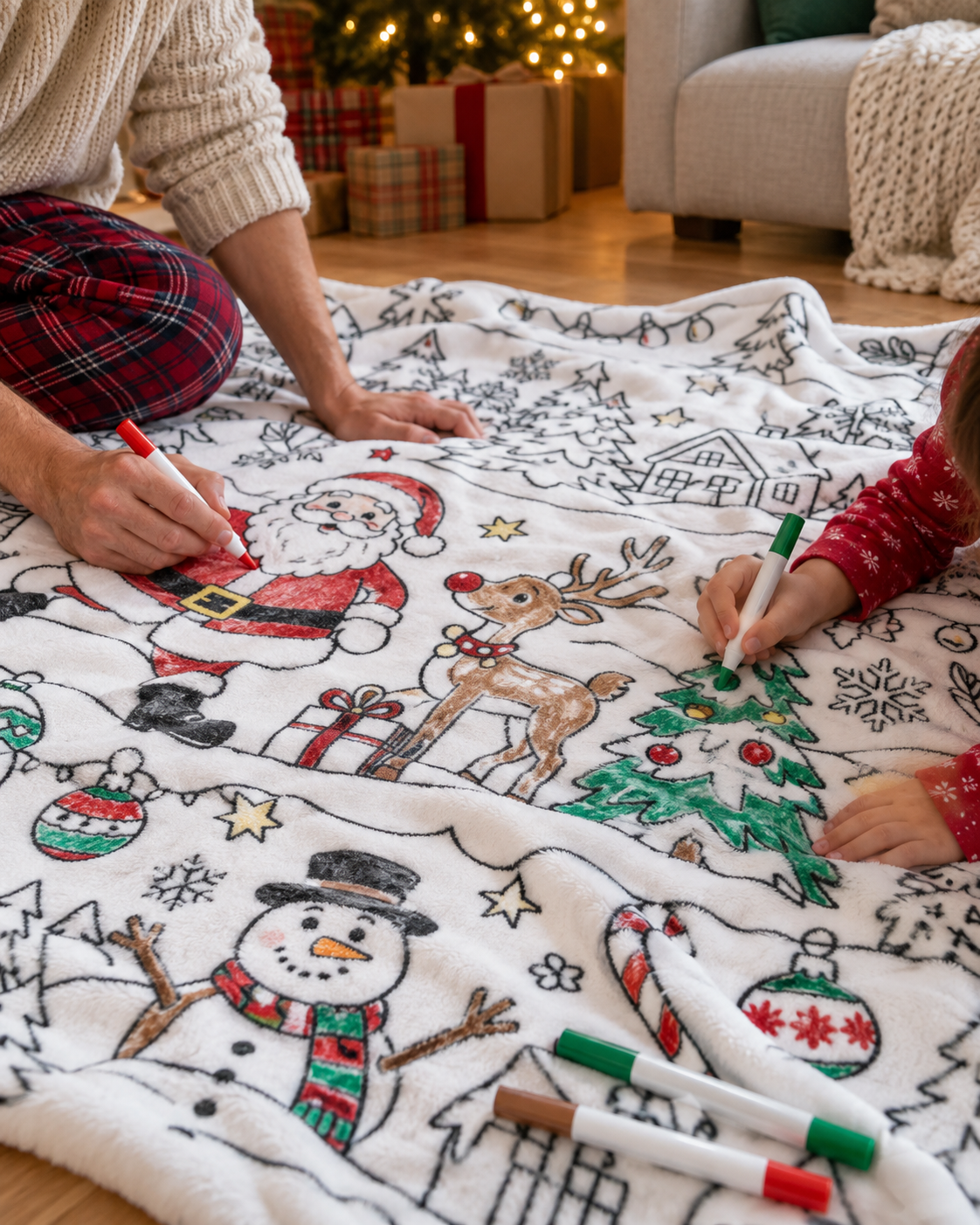 Christmas Coloring Blanket with Fabric Markers – Soft Fleece Holiday Activity Throw