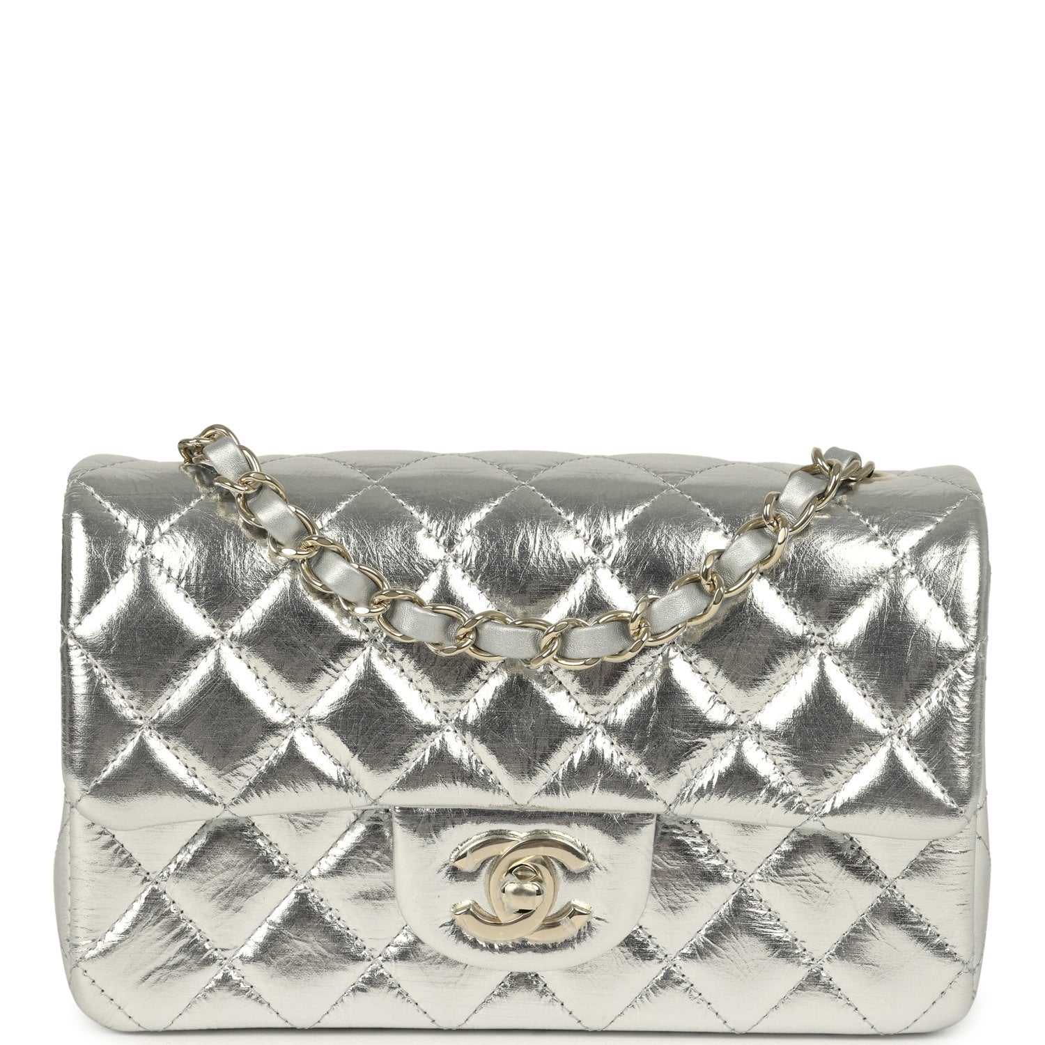 CHANEL Mini Classic Rectangular Flap Bag Silver Metallic Crumpled Calfskin Light Gold Hardware