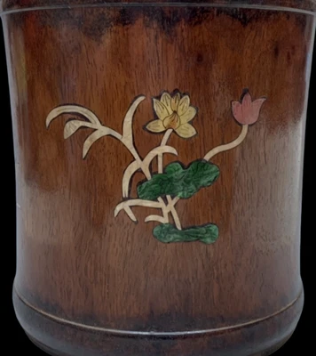 Old Chinese Wood Brush Pot Inlay With Louts Flower N4273