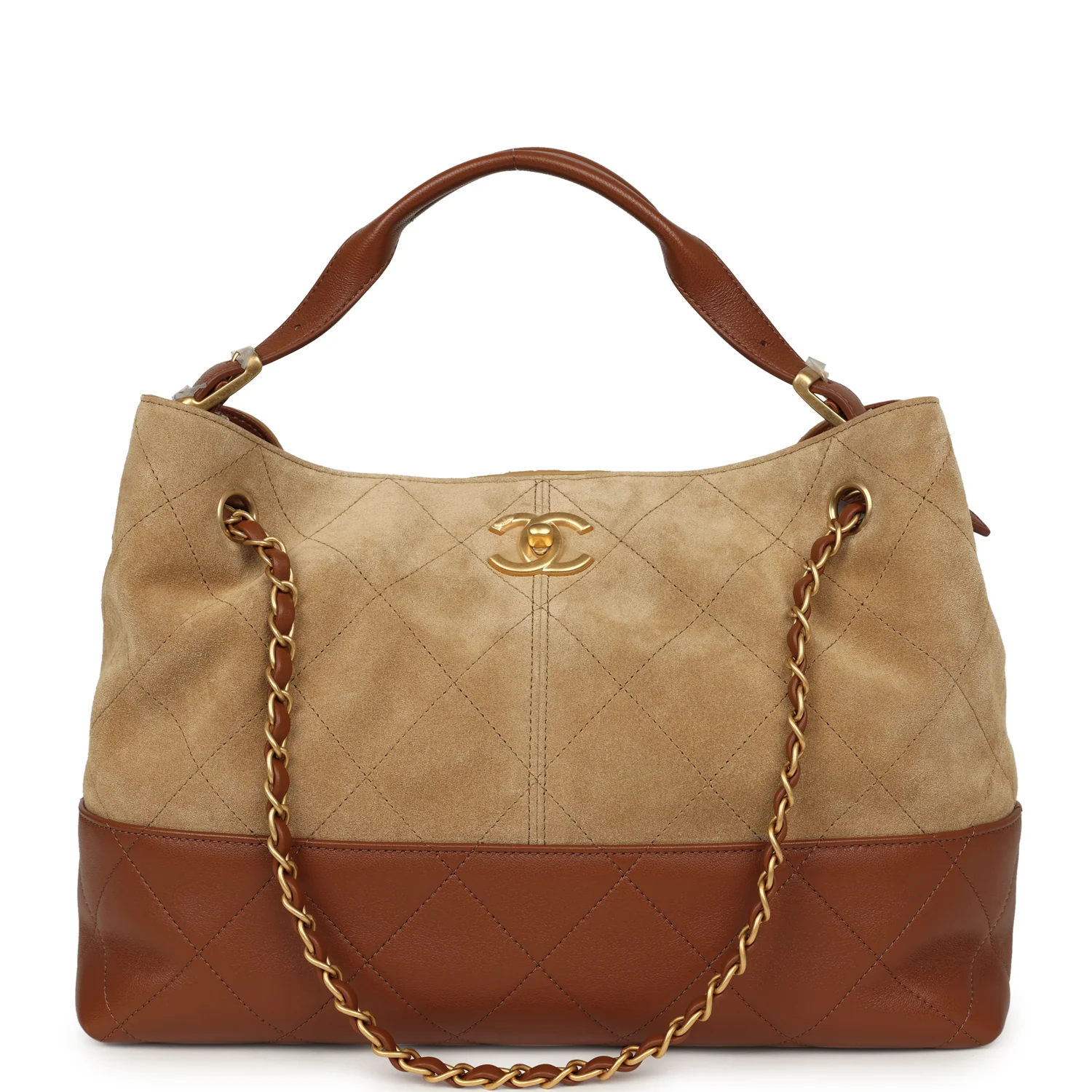 CHANEL Small Coco Base Hobo Bag Beige Suede, Camel Lambskin Brushed Gold Hardware