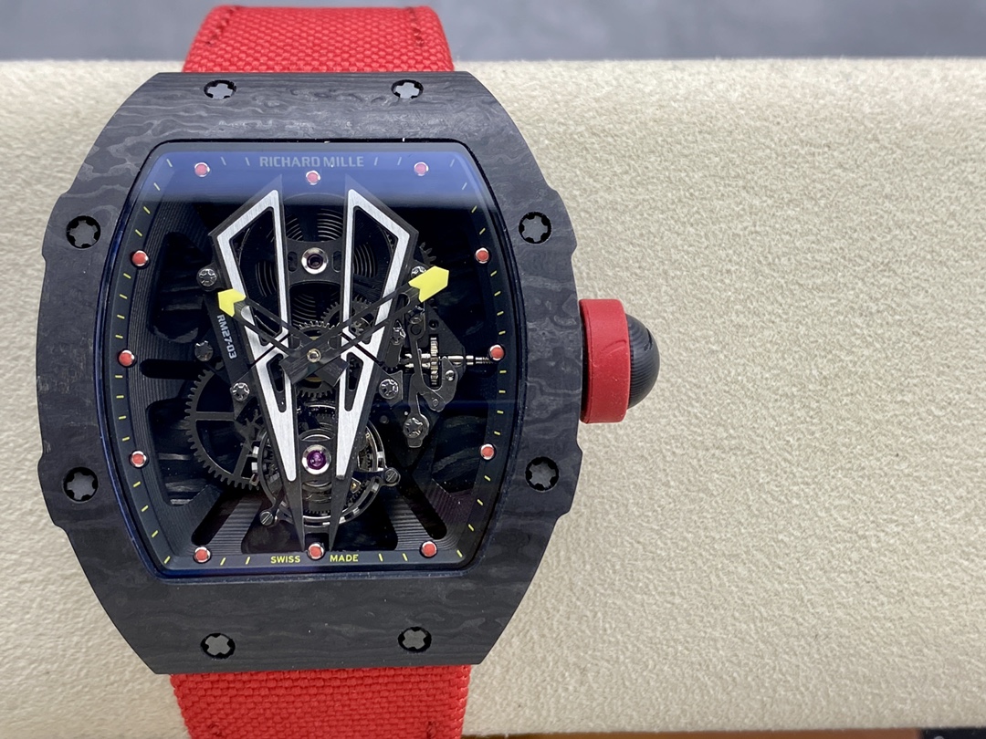 【7A Quality】Swiss Replica Richard Mille RM27-03 Black Carbon Fiber Case with Red Woven Strap
