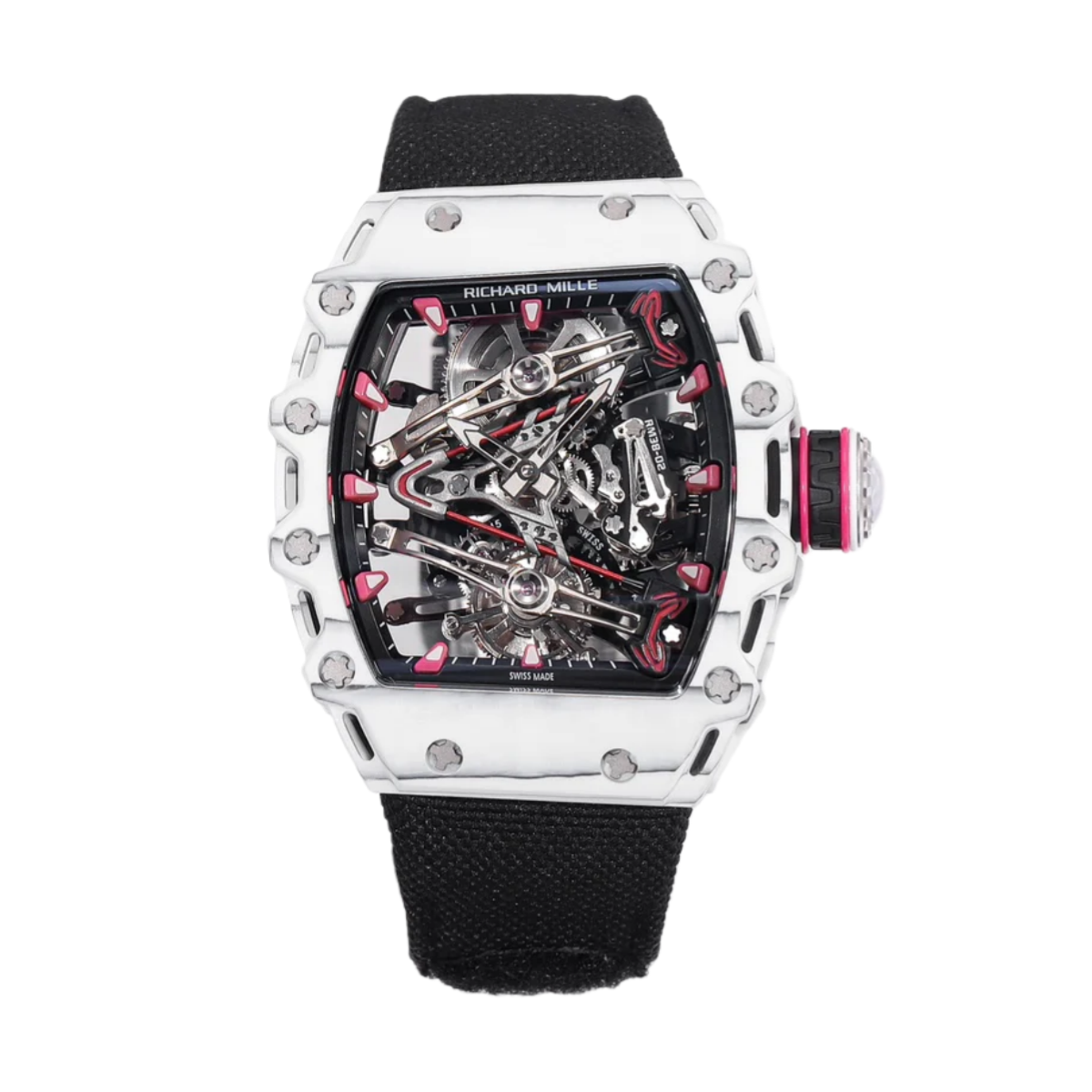 【7A Quality】Richard Mille RM 38-02 Bubba Watson Tourbillon White Case Black Fabric Strap