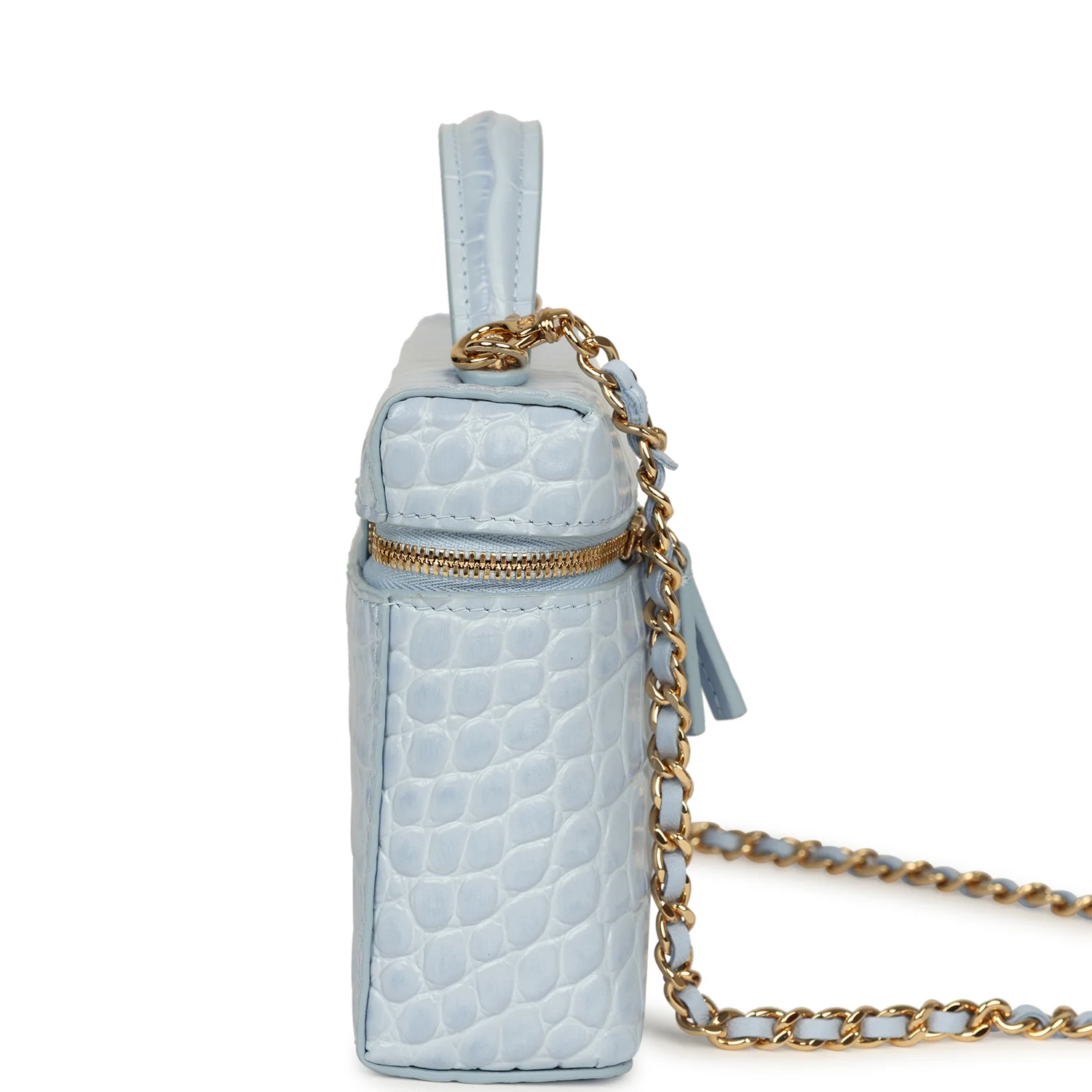 Chanel Top Handle Long Vanity Case with Chain Light Blue Croc Embossed Calfskin Gold Hardware