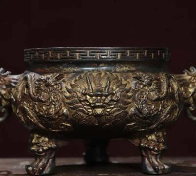 Xuande Signed Old Chinese Bronze Incense Burner w/dragon N2856