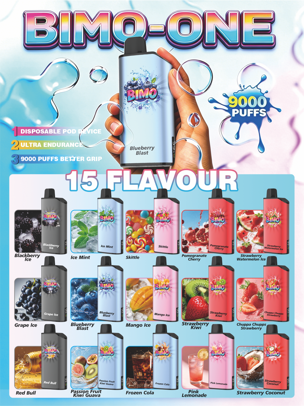 BIMO ONE 9000 Puffs –15 flavors to choose from